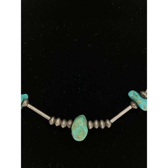 Native American Silver Bead, Turquoise Nuggets Vintage Necklace Choker 15” - Picture 3 of 8